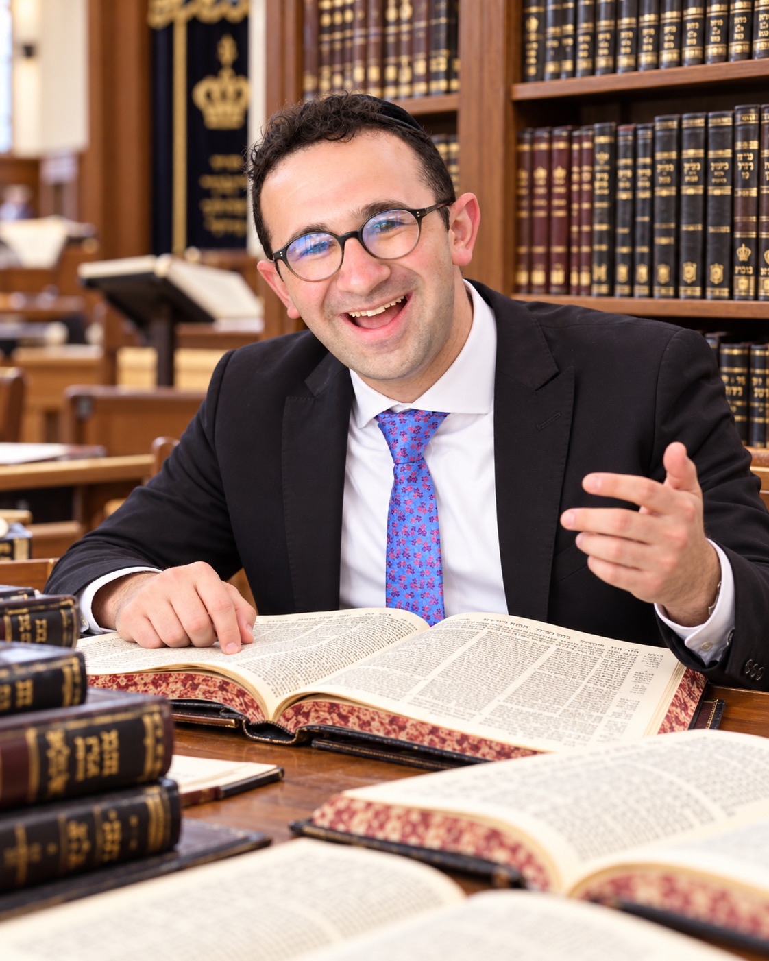 Illustration of Alan learning from an open sefer